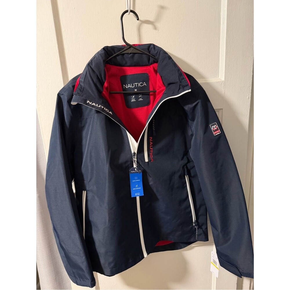 Nautica Men’s Navy Performance Sailing Jacket Red Mesh Interior Tuck-Away Hood M